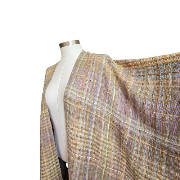 Laise Adzer Handwoven Plaid Cape Shawl Pastel Tan Multicolor Ribbon CM2057 - Picture 7 of 11